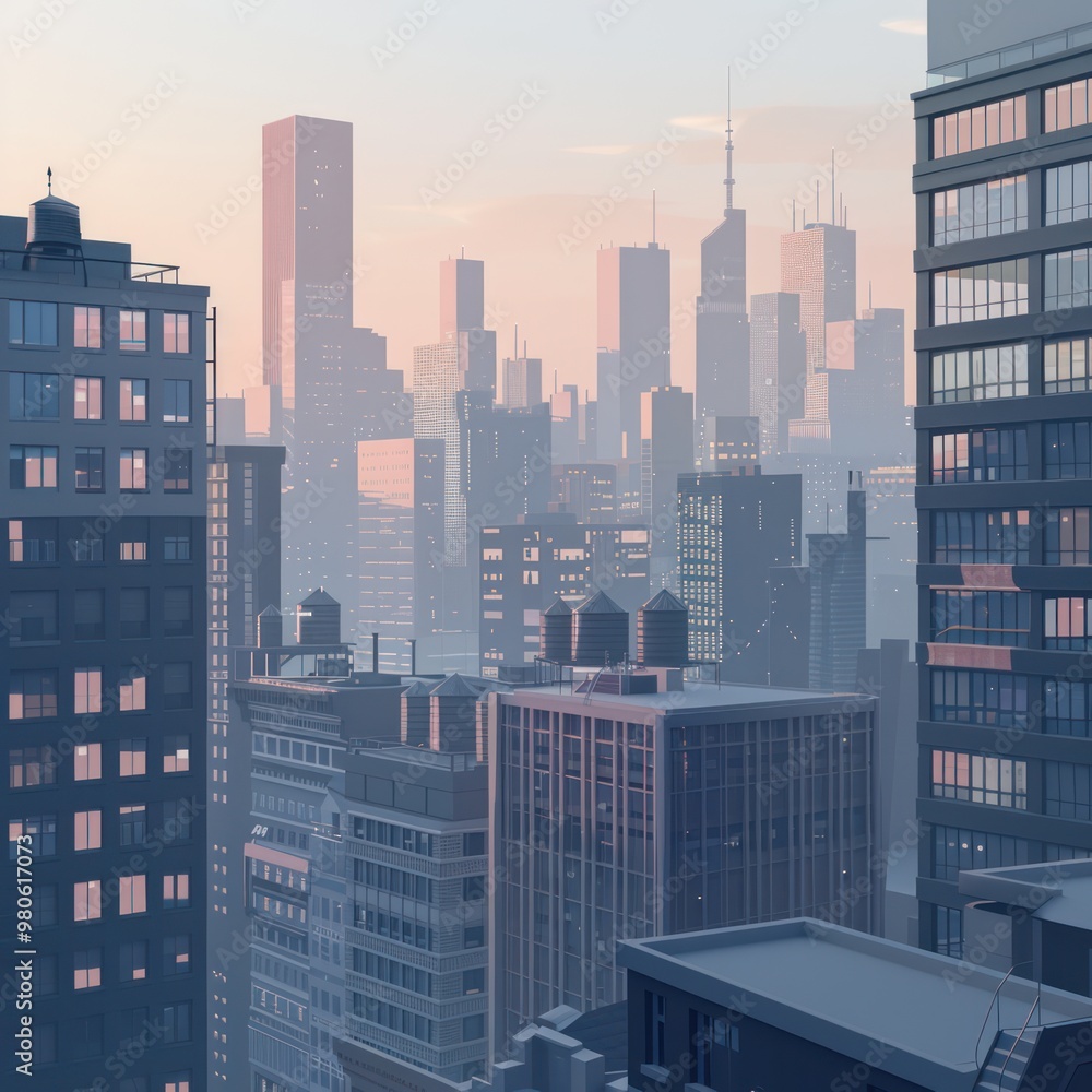 minimalist cityscape featuring clean lines, geometric shapes, and a ...