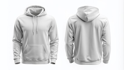 Empty white solid color hoodie mockup with ample copy space on chest and back for custom design, text, or logo, isolated on a pure white background.