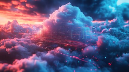 A glowing cloud icon made of data particles with a futuristic digital landscape.