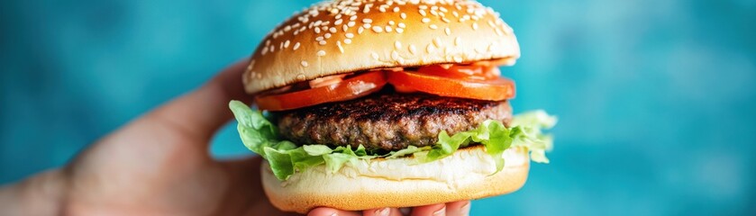 A delicious burger with a sesame seed bun, fresh lettuce, juicy tomatoes, and a savory patty, perfect for food lovers.