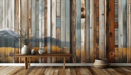 Wall Mural - Rustic retro wooden texture featuring natural planks and a light tabletop against white wall, ideal for wallpaper and timber panel pattern inspiration