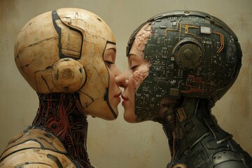 Canvas Print - Two humanoid robots leaning in for a kiss symbolizing the emotional and cognitive interactions between advanced robotics and human like artificial intelligence in a futuristic setting