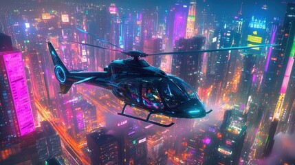 Futuristic Helicopter Flying Over Neon Cityscape at Night