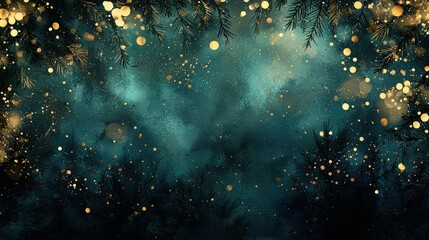 Wall Mural - A beautiful blur of dark green, midnight blue, and shimmering gold, creating a sophisticated and festive Christmas background that evokes a sense of holiday wonder and seasonal joy. watercolor