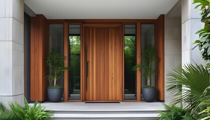 Canvas Print - Sleek and Minimalist Wooden Front Door Design for Contemporary Entrances