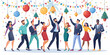 © HaJung - Flat Candid New Year Eve Party Scene: Lively Vector Illustration of Guests Dancing Amidst Colorful Decorations & Lights, Capturing Celebration Energy