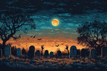 Spooky full moon night over old graveyard with silhouetted trees and bats flying