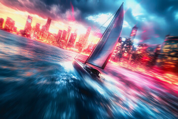 Sailboat moves fast in futuristic city at sunset with colorful light trails