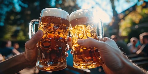 two people toasting with beer mugs in sunlight, symbolizing celebration, friendship, and social gath