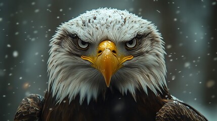 Wall Mural - Close-up portrait of a bald eagle with snow falling in the background.
