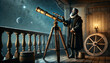 © M.studio - Galileo Galilei stargazes through his telescope, capturing a groundbreaking moment in astronomical history, as the starry night sky reveals celestial wonders