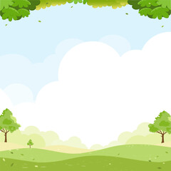 Wall Mural - Sky blue with cloud background,Spring landscape with green grass field and tree on mountain,Panorama Nature Summer rural with copy space,Cute Cartoon vector illustration backdrop banner for Easter