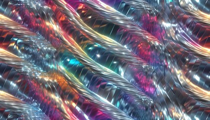 Wall Mural - Trendy Seamless Holographic Iridescent Silver Diamond Birthday Wallpaper with Cyberpunk Metallic Foil and Rainbow Prism Light Effects