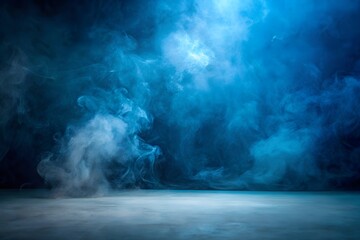 abstract dark blue background with faint smoke in studio room for product display