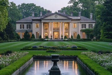 Wall Mural - A grand mansion with columns, surrounded by manicured gardens and a fountain.