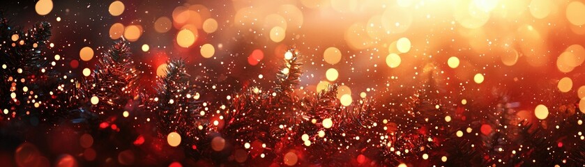 Wall Mural - An enchanting blur of dark red and shimmering gold, with bokeh lights creating a magical Christmas background, the vibrant colors and soft focus combining to evoke a sense of holiday wonder and