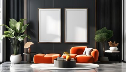 Wall Mural - Sleek Modern Interior 3D Background Featuring Poster Frame Mockup