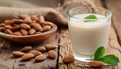 Glass of almond milk and almonds on wooden table