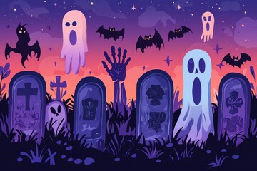 Spooky Halloween graveyard scene with ghosts, bats, and creepy silhouettes under starry night sky