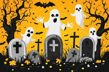 Wall Mural - Spooky Halloween graveyard scene with ghosts, bats, and tombstones