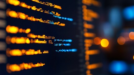 software development code in orange and blue on dark monitor display, cybersecurity concept
