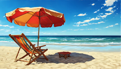 Dreamy beach leisure time, enjoy the summer blue sky under the umbrella and beach chair