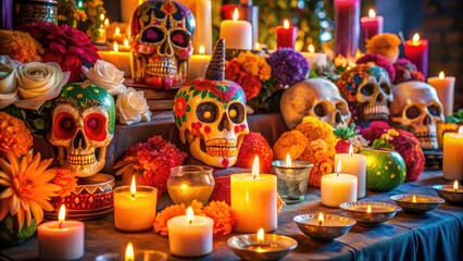 a close up of a table with candles and skulls Generative ai 