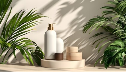 Wall Mural - Elegant display of organic beauty products with tropical elements and soft sunlight illuminating a ceramic vase on a beige tablecloth