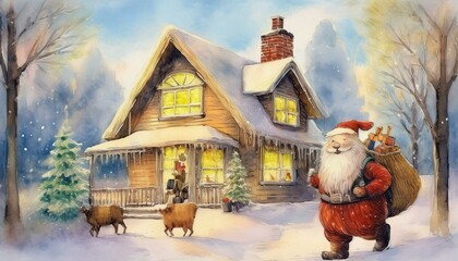 Santa Claus giving presents in the village