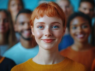 Wall Mural - Energetic Group Photo with Smiling Girl in Center