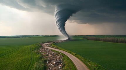 A tornado touching down in a rural area, with a trail of destruction left in its wake