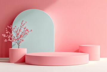 Wall Mural - Modern Display Stand Set Against a Gentle Pastel Backdrop – 3D Render