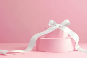 Wall Mural - 3D Render of Modern Product Display Podium with White Ribbon on Pastel Pink Background – Ideal for Stylish Branding