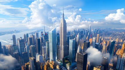 Stunning aerial view of a modern skyline with iconic skyscrapers and vibrant clouds, showcasing urban beauty and architectural marvels.