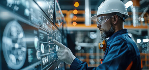 Wall Mural - Chemical plant worker inspecting production in the control room, detailed machinery and control screens. Generative AI.