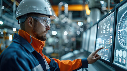 Wall Mural - Chemical plant worker inspecting production in the control room, detailed machinery and control screens. Generative AI.