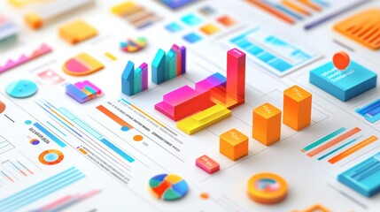 Wall Mural - A vibrant infographic layout with colorful charts, icons, and text elements being edited in design software.