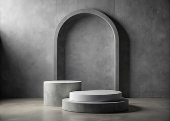 Grey concrete background with geometric shapes features a round and arc grey podium, serving as an empty showcase for packaging product presentation and mock up pedestal display.