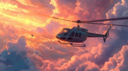 Wall Mural - Helicopter Flying Through Colorful Sunset Clouds