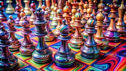 Wall Mural - Close-up of colorful wooden chess pieces on a vibrant chessboard