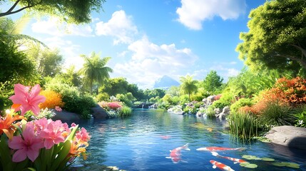 A serene landscape featuring a tranquil river, colorful flowers, and lush greenery, under a bright blue sky with fluffy clouds.