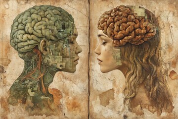 Canvas Print - Two human profiles with visible brains symbolizing the balance between natural cognition and artificial intelligence with neural pathways reflecting organic and technological harmony