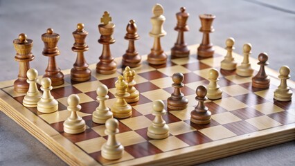 Wall Mural - Wooden Chess Set with Pieces Arranged on Board