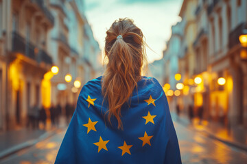 A young woman with a European flag on her back against the background of a city street at sunset.