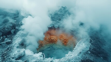 A surreal landscape of geothermal springs with vibrant mineral deposits and steam, otherworldly nature landscape. Generative AI.