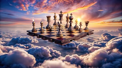 Wall Mural - Chessboard Floating Above Clouds with Sunset Sky