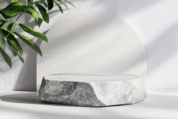 Wall Mural - Sophisticated Stone Podium with Leaf Shadows Against White Backdrop, 3D Render