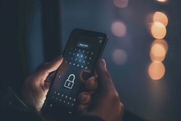 Fototapete - Hand holding a smartphone with a lock icon on the screen, symbolizing mobile security, data protection, and digital privacy in a connected world.