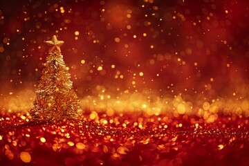 Wall Mural - the golden christmas tree shines brightly against a red backdrop, creating a festive and elegant atm