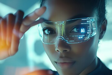 Wall Mural - Young woman wearing augmented reality glasses symbolizing the interaction between artificial intelligence and human cognition in an immersive tech driven environment